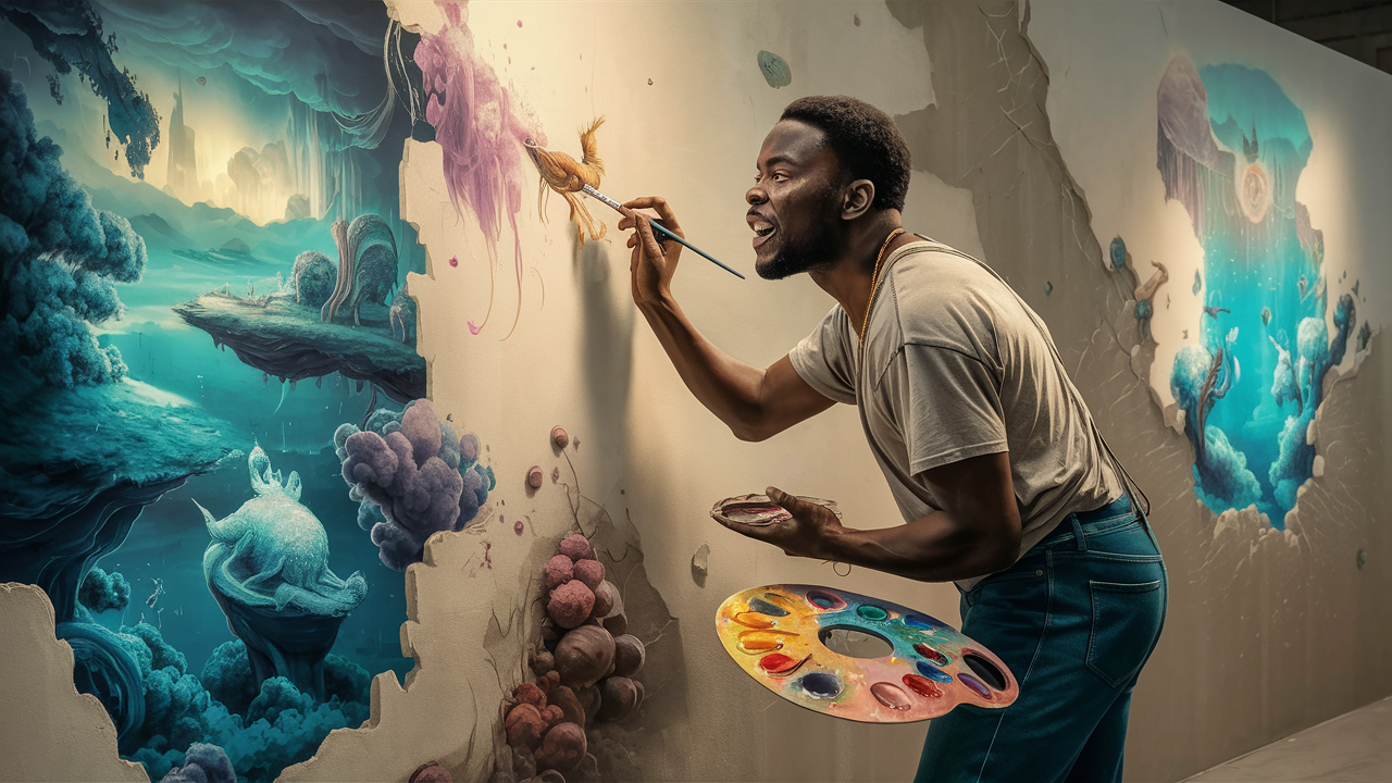 black guy painting beach sunset art on the wall