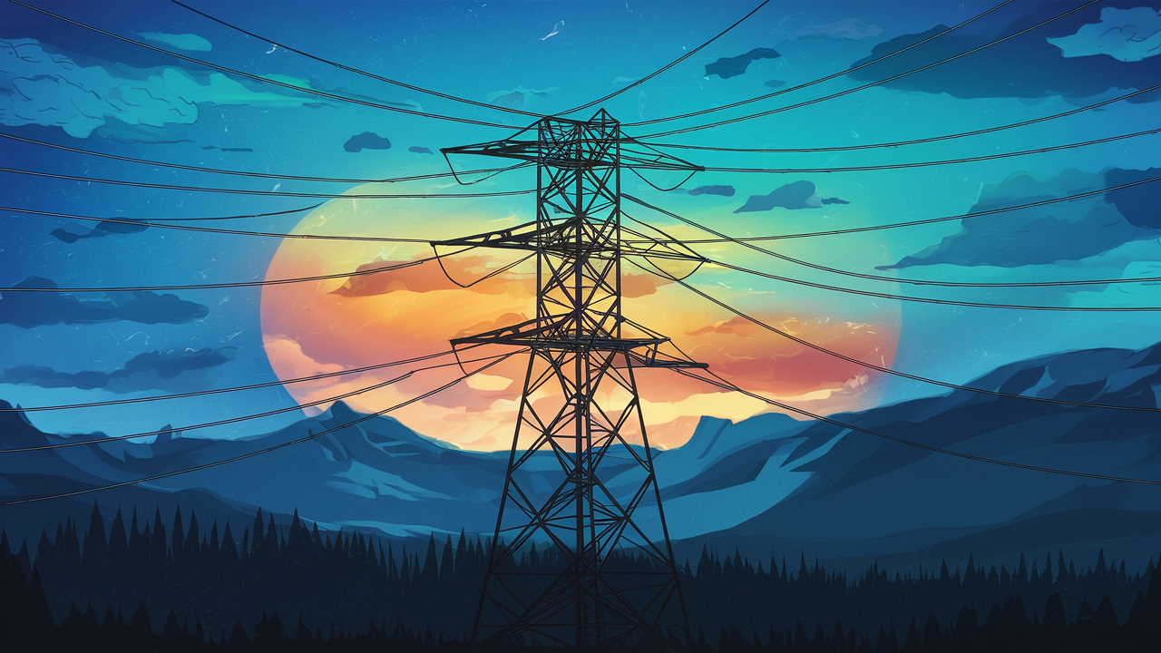 electric tower on a sunset view behind are mountains