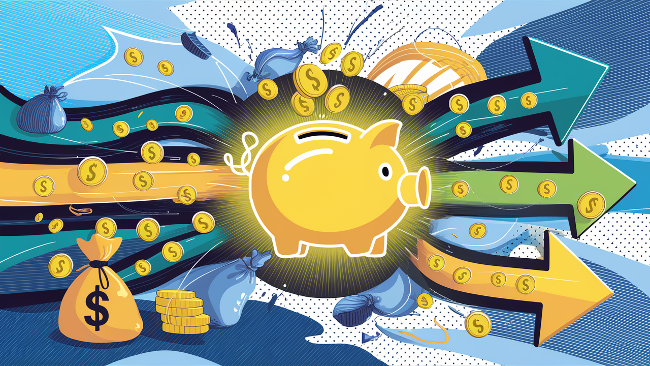 glowing piggy bank with coins all over above it