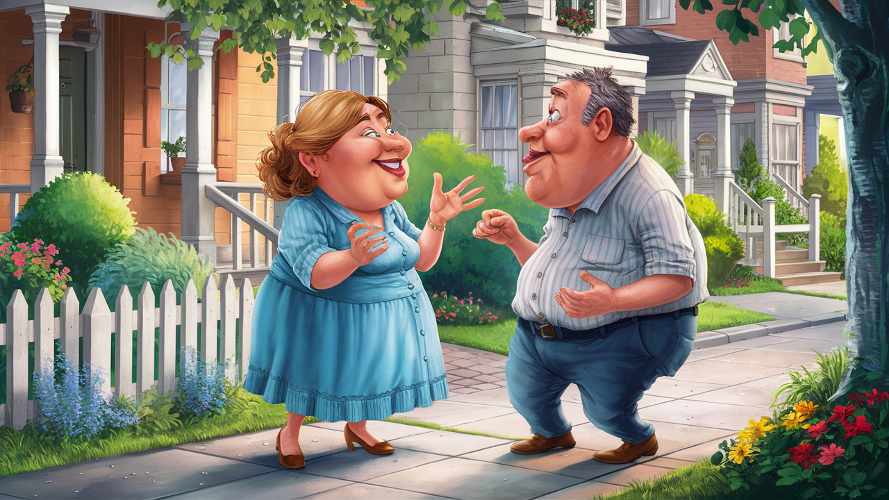 an old lady wearing blue skirt and old man wearing blue pants white polo shirt talking each other