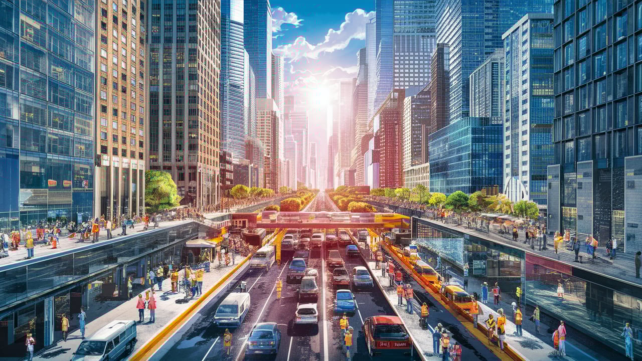 a national highway road in the middle of buildings with lots of vehicles