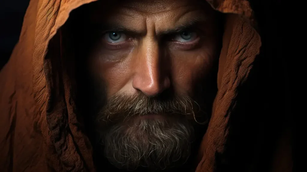 Monk, deep-set eyes under a hooded robe, wrinkled skin narrating tales of silence and meditation