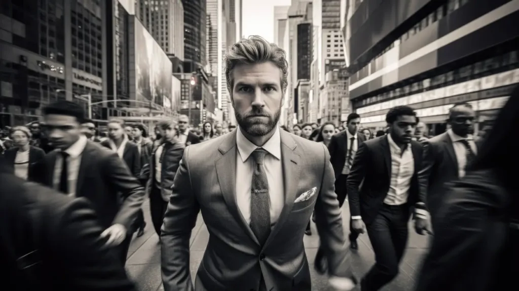 Stoic businessman striding through a sea of commuters in a bustling metropolis