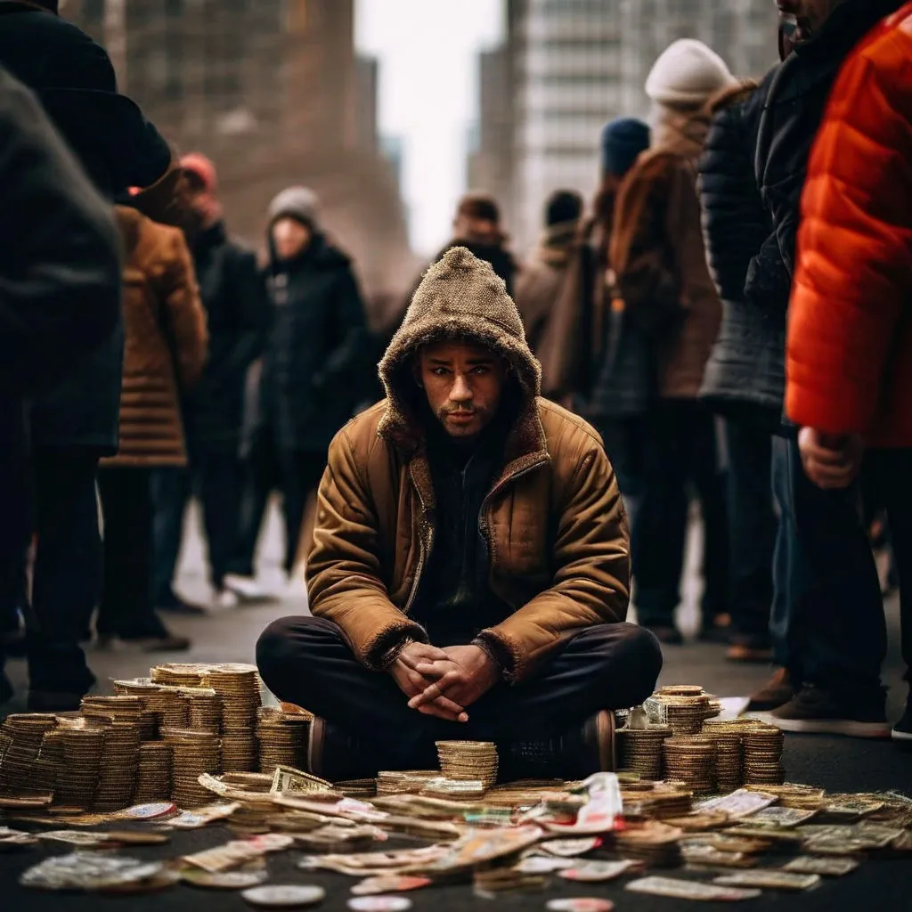 man sitting in the middle of the crowd surrounded with money