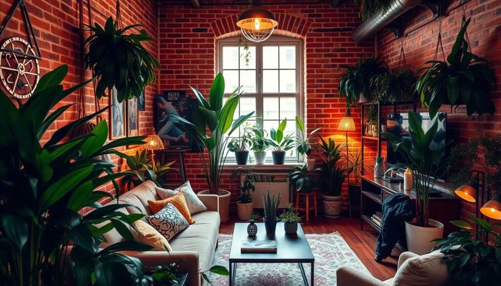 exposed brick and houseplants