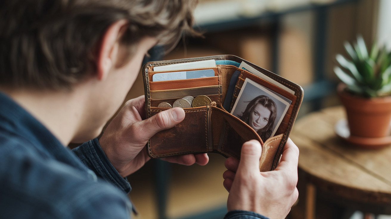 male opening and looking at his wallet with image of a woman