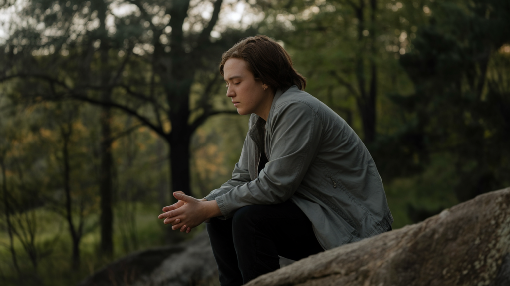 male sitting in the middle of forest