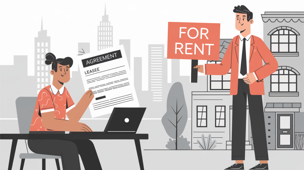 A tenant reviewing a lease agreement on one side and a landlord holding a 'For Rent' sign in front of a rental property on the other side.Lease Terminations
