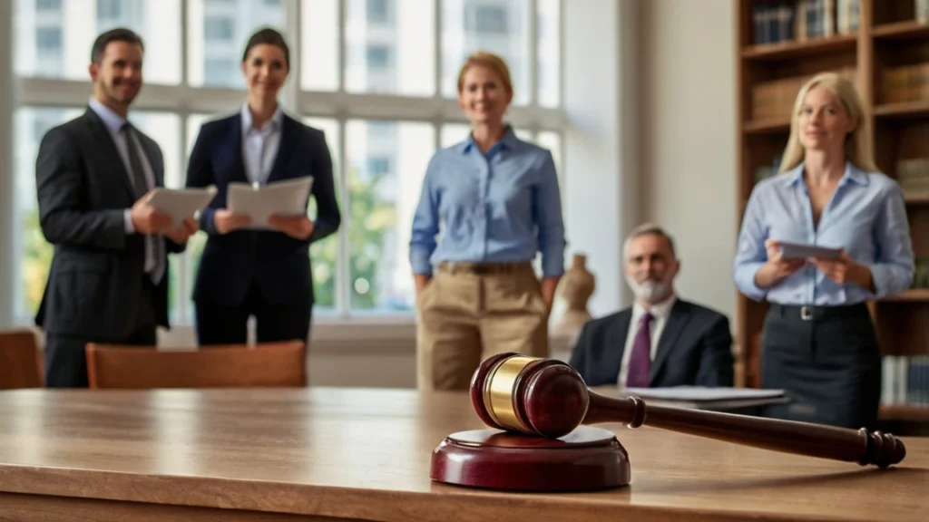 A gavel striking a table with a group of people in the background, symbolizing a change in HOA leadership. change HOA management