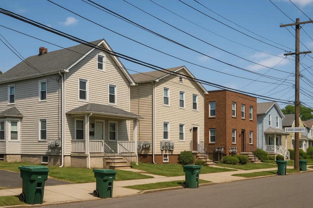 Photorealistic image of a suburban street in Essex County, NJ, showcasing various rental homes with visible utility meters, trash bins, and overhead power lines under a clear blue sky.