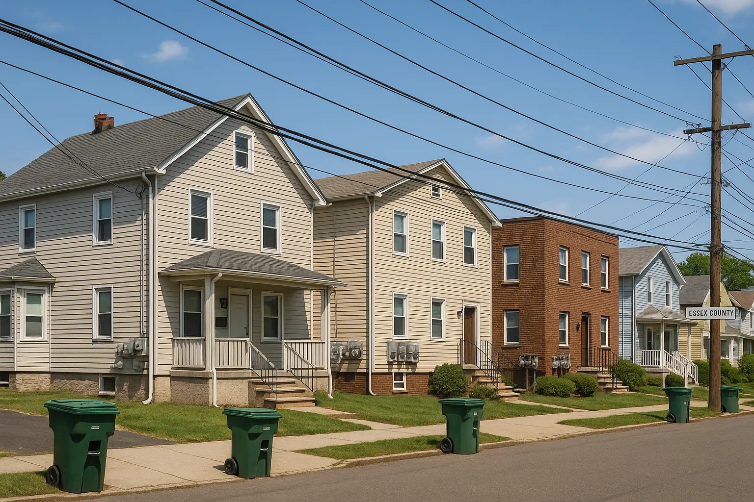 Photorealistic image of a suburban street in Essex County, NJ, showcasing various rental homes with visible utility meters, trash bins, and overhead power lines under a clear blue sky.