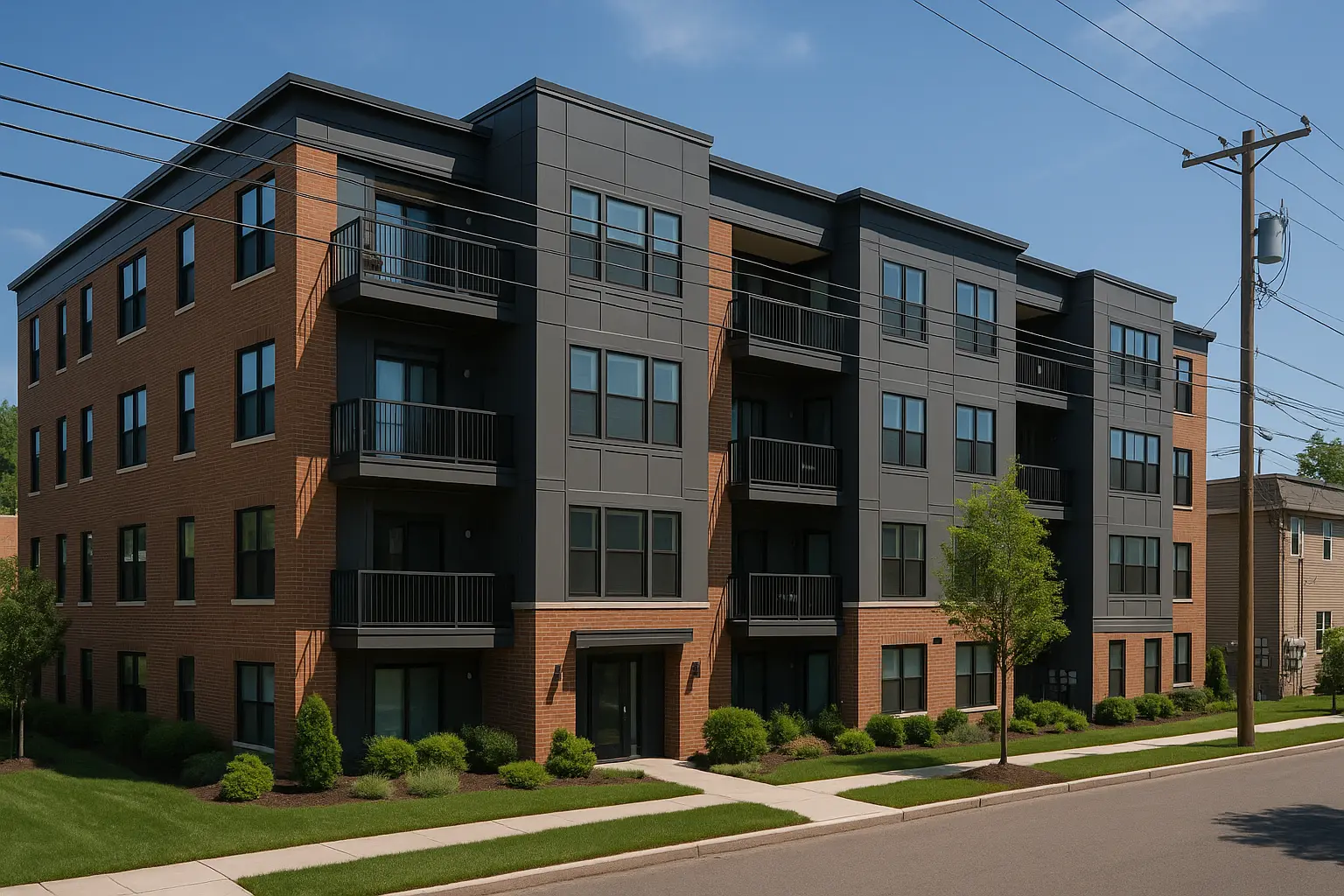 Newark NJ rental apartment building with visible utility infrastructure and clear sky – tenant utilities concept