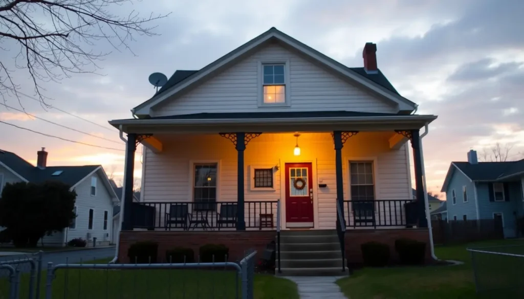 Rental home in East Orange, NJ with visible utility features like electric meter and porch lights on at dusk
