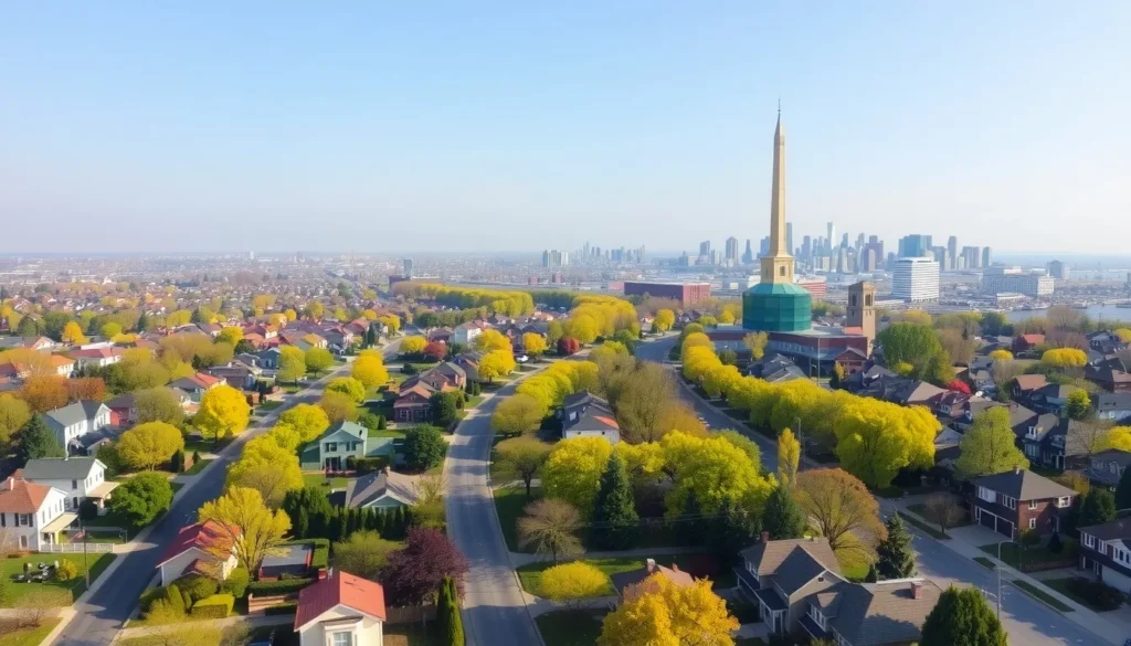 Aerial view of Bloomfield, NJ neighborhood with tree-lined streets and suburban homes, ideal for rental property investment.