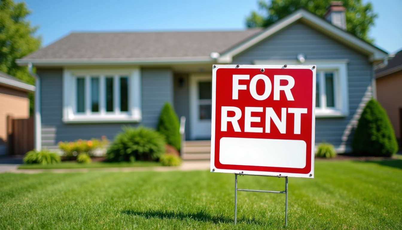 Beautiful rental property in Belleville Ontario with for rent sign and landscaped yard