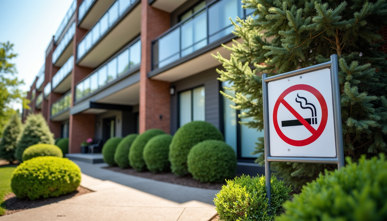 Caldwell NJ apartment building with no-smoking sign at entrance
