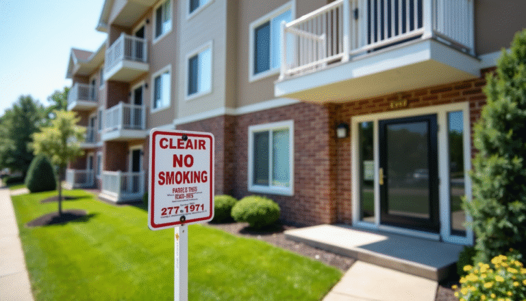 No smoking sign outside rental apartment building in Belleville NJ on sunny day