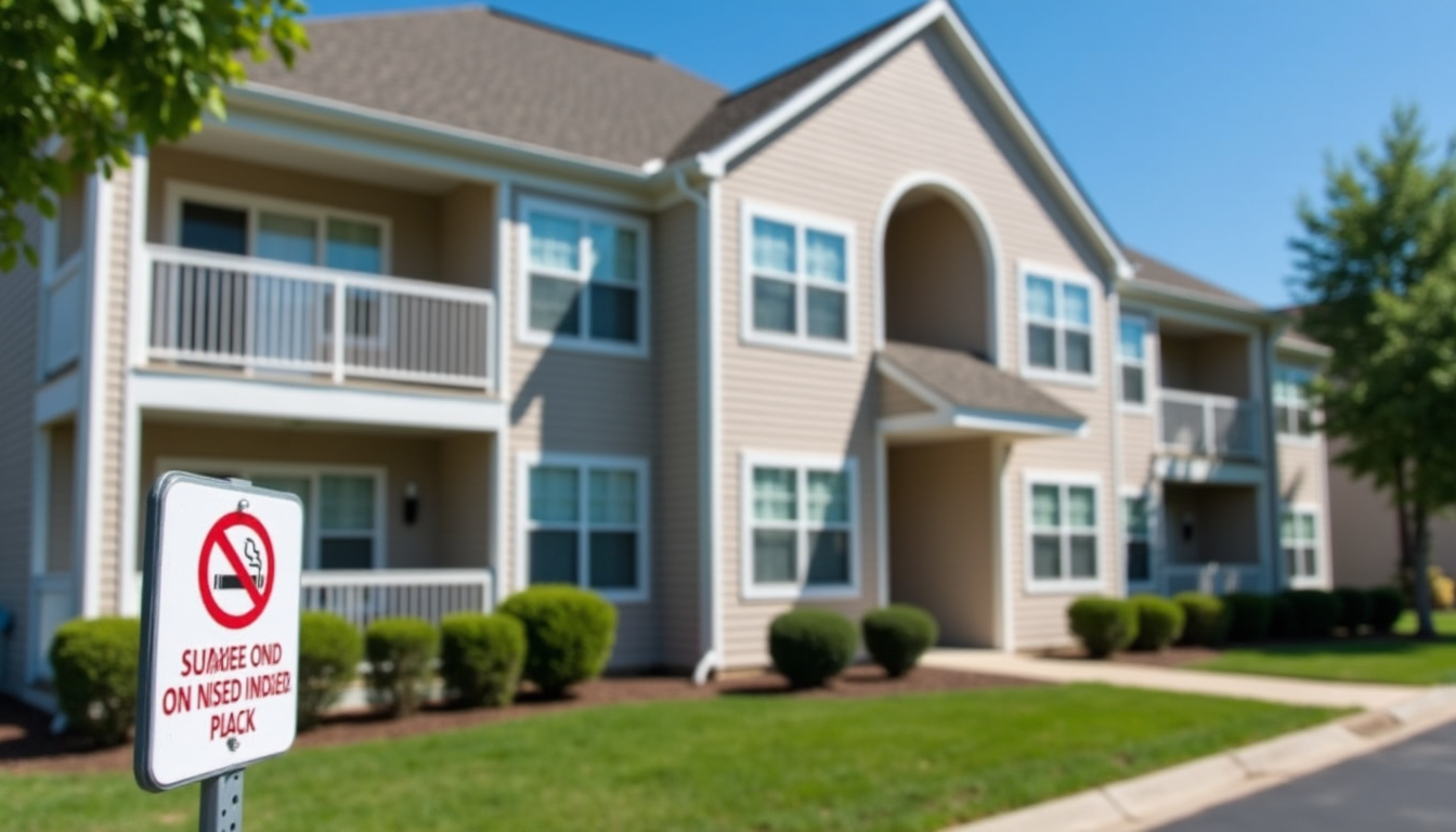 A modern multi-family apartment building in Essex County, New Jersey with clear “No Smoking” signage on the exterior. The building is clean and well-maintained, with landscaping in front. Blue skies and daylight, no people visible. Emphasize the smoke-free aspect by showing a posted sign near the entrance.