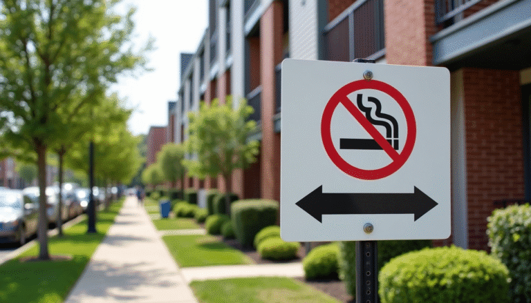 A modern multi-family rental property building in Newark, NJ with a clear "No Smoking" sign posted near the entrance. The building should have clean brick or siding, well-maintained landscaping, and bright daylight. Include subtle city elements like parked cars or skyline hints to signal it’s an urban Newark location. No people in the foreground, focus on the property and signage.