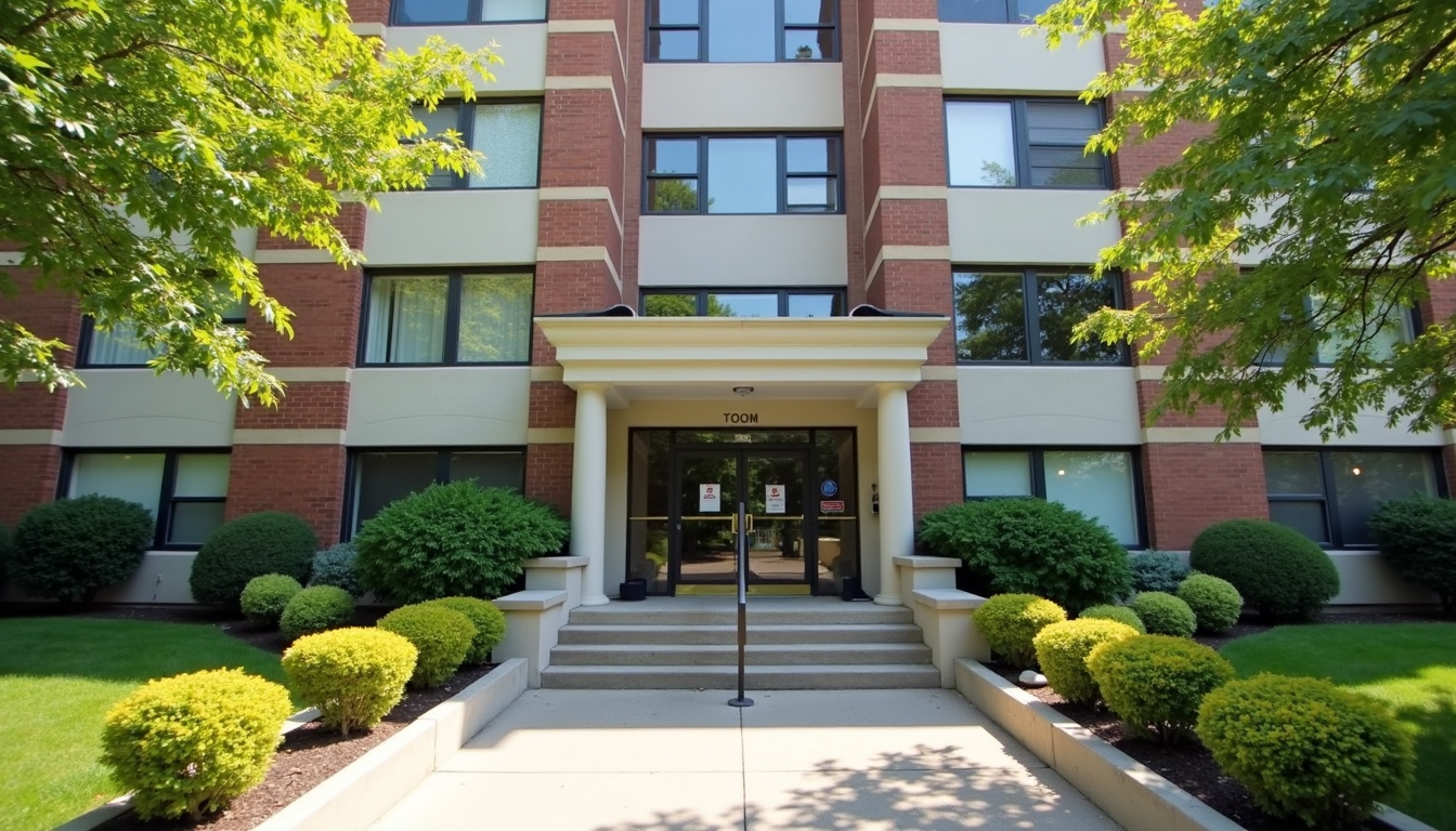 Front view of a clean, modern apartment building in East Orange NJ on a sunny day, no smoking signs visible on exterior doors