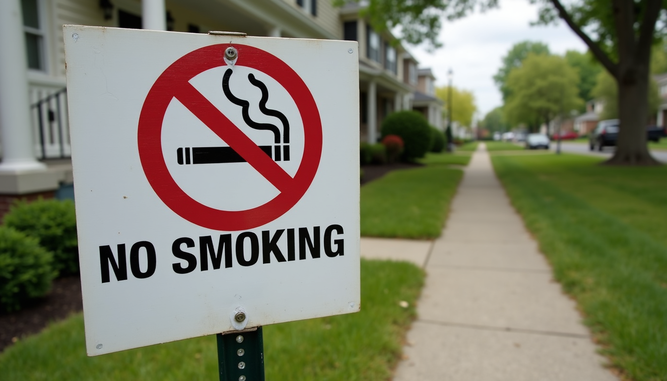 A "No Smoking" sign posted on a residential rental property in a suburban neighborhood in Plainfield, New Jersey. Daylight, clear signage, front yard or porch visible.
