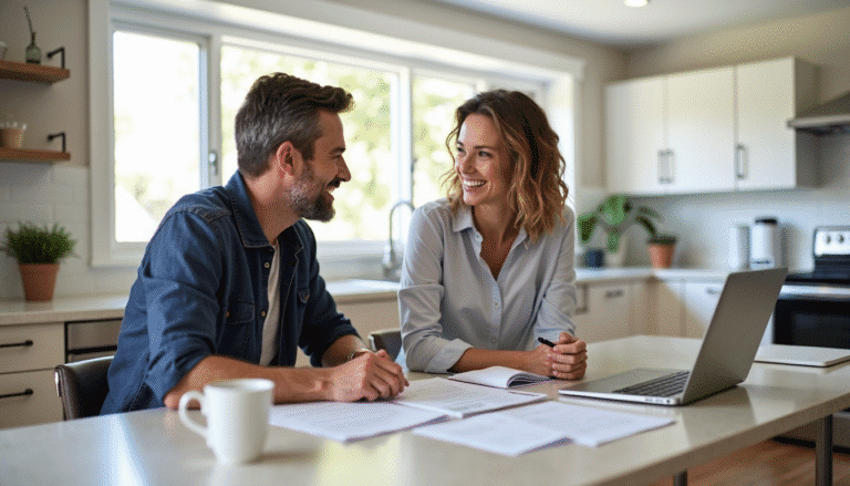 A landlord and tenant sitting at a kitchen table in a bright, modern apartment in Garfield, New Jersey, smiling while signing a month-to-month lease agreement. Natural light coming in from large windows. Paperwork, coffee mugs, and a laptop on the table. Professional, friendly, and realistic style. Neutral color palette