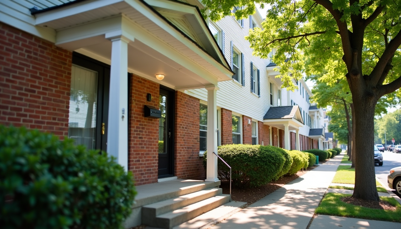 "An inviting, clean, professionally managed apartment building in Passaic, New Jersey during daylight. The building has brick or neutral-colored siding, clear signage or mailbox, and a well-maintained exterior. Include subtle signs of a rental property (e.g., a 'For Rent' sign or open door). A tree-lined street or sidewalk may be in the foreground, with a welcoming suburban or urban feel — appropriate for a property management website.