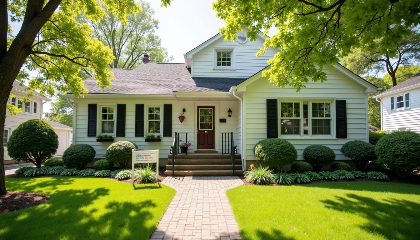 A well-lit exterior photo of a single-family home or small apartment in Verona, New Jersey, during spring or summer. The home should appear clean, modern, and welcoming, with landscaping and a "For Rent" sign in the yard. Ideal for showcasing flexible, short-term housing or a month-to-month lease