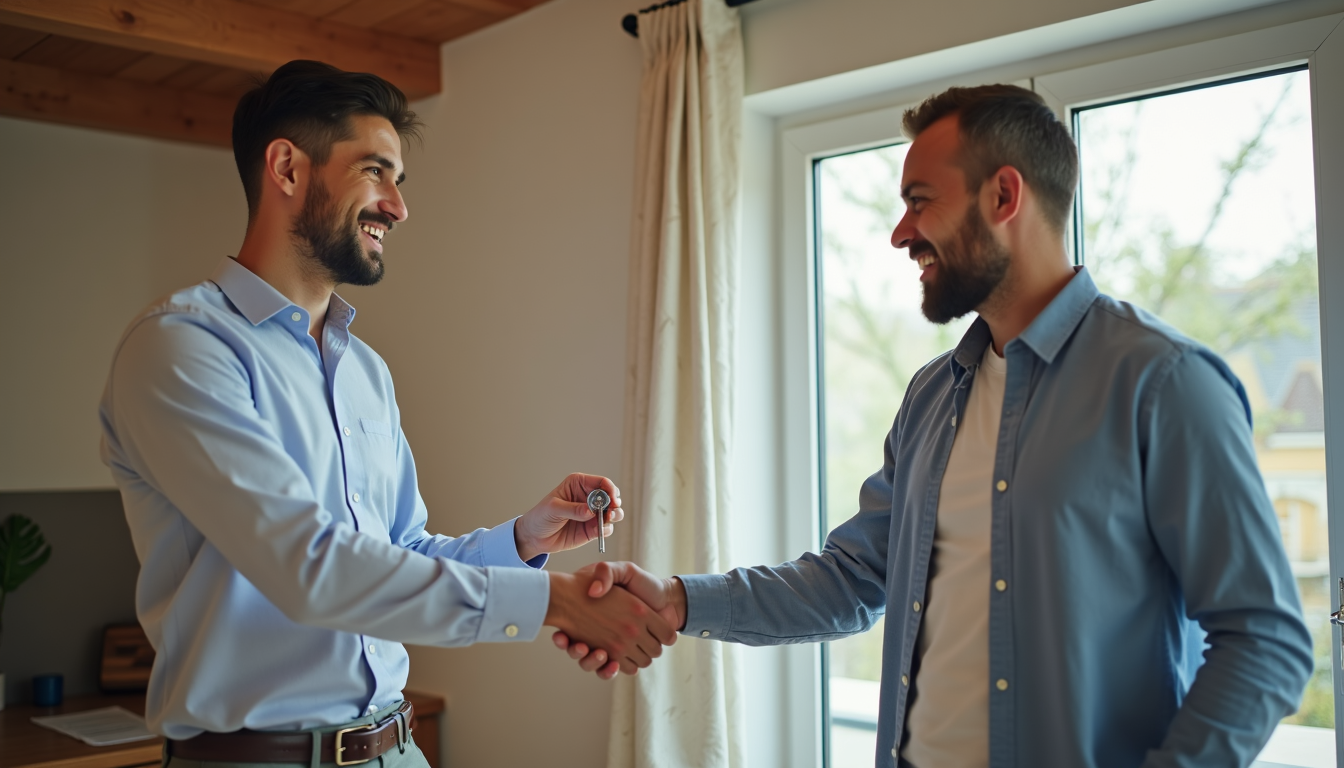 Tenant receiving apartment keys from landlord, indoors, smiling handshake, new lease agreement, casual setting