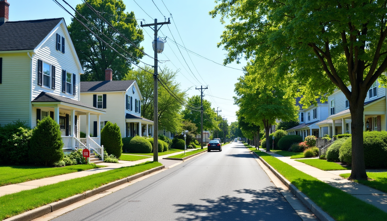 A bright summer street in Bloomfield, New Jersey, showing residential homes with greenery, sidewalks, and a clear blue sky — suburban neighborhood with east coast architecture.
