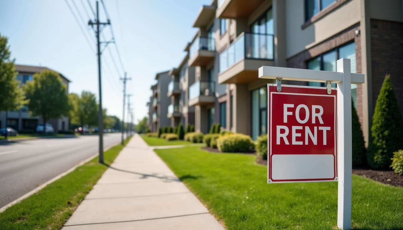 A modern Belleville, NJ apartment building with a “For Rent” sign out front, bright daylight, clean and inviting streetscape, realistic style, friendly and professional feel suitable for a real estate blog.