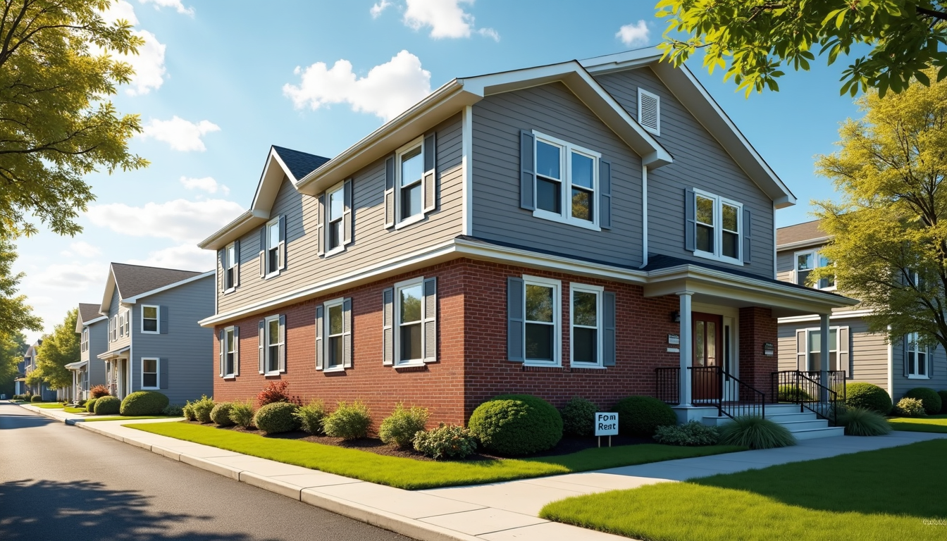 A realistic, high-resolution image of a modern Essex County, NJ rental property – a well-kept multi-family house or small apartment building with a “For Rent” sign, suburban yet urban vibe, sunny day, inviting front entrance, wide-angle view, warm tones – photo-realistic, editorial style.
