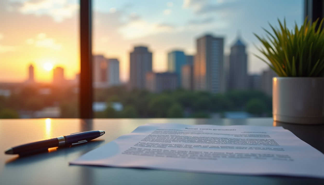 Modern Newark NJ apartment skyline at sunset, rental agreement papers on a desk in the foreground, professional real estate theme, clean, bright, realistic photo style
