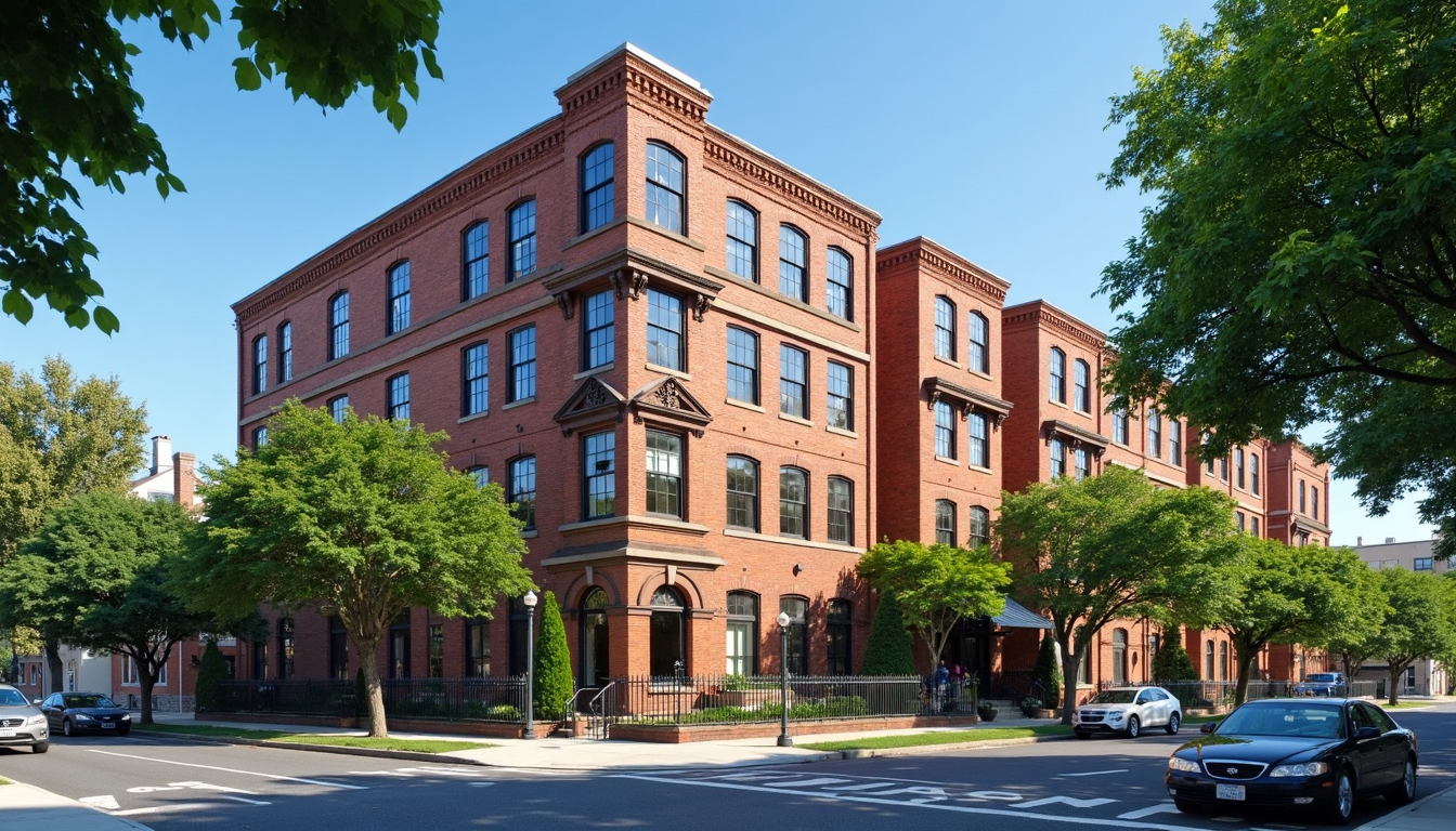 Historic brick apartment building in East Orange NJ, tree-lined street, clear blue sky, realistic photograph style, inviting and professional look