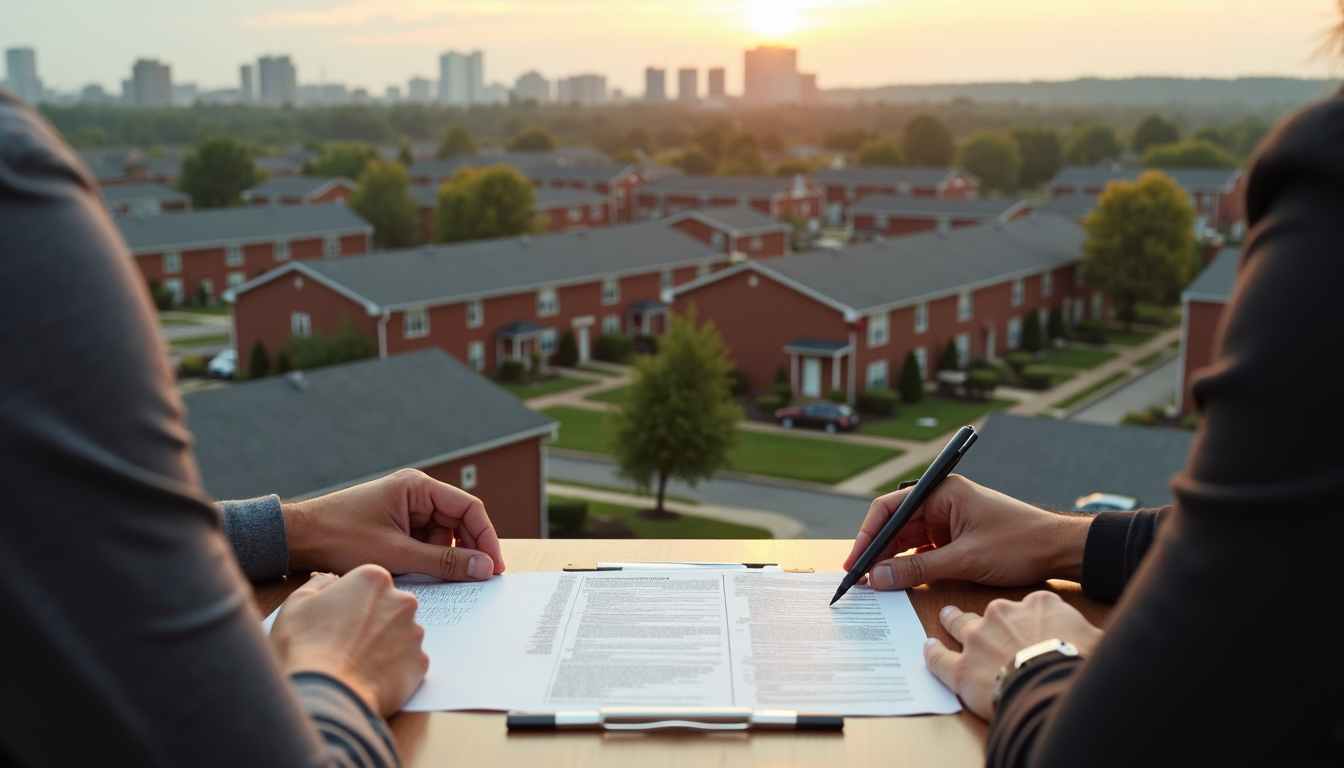 Aerial view of Plainfield NJ neighborhood with rows of brick apartments and houses, skyline in the distance, a pair of hands reviewing a rental lease document on a table in the foreground, cinematic lighting, realistic style,