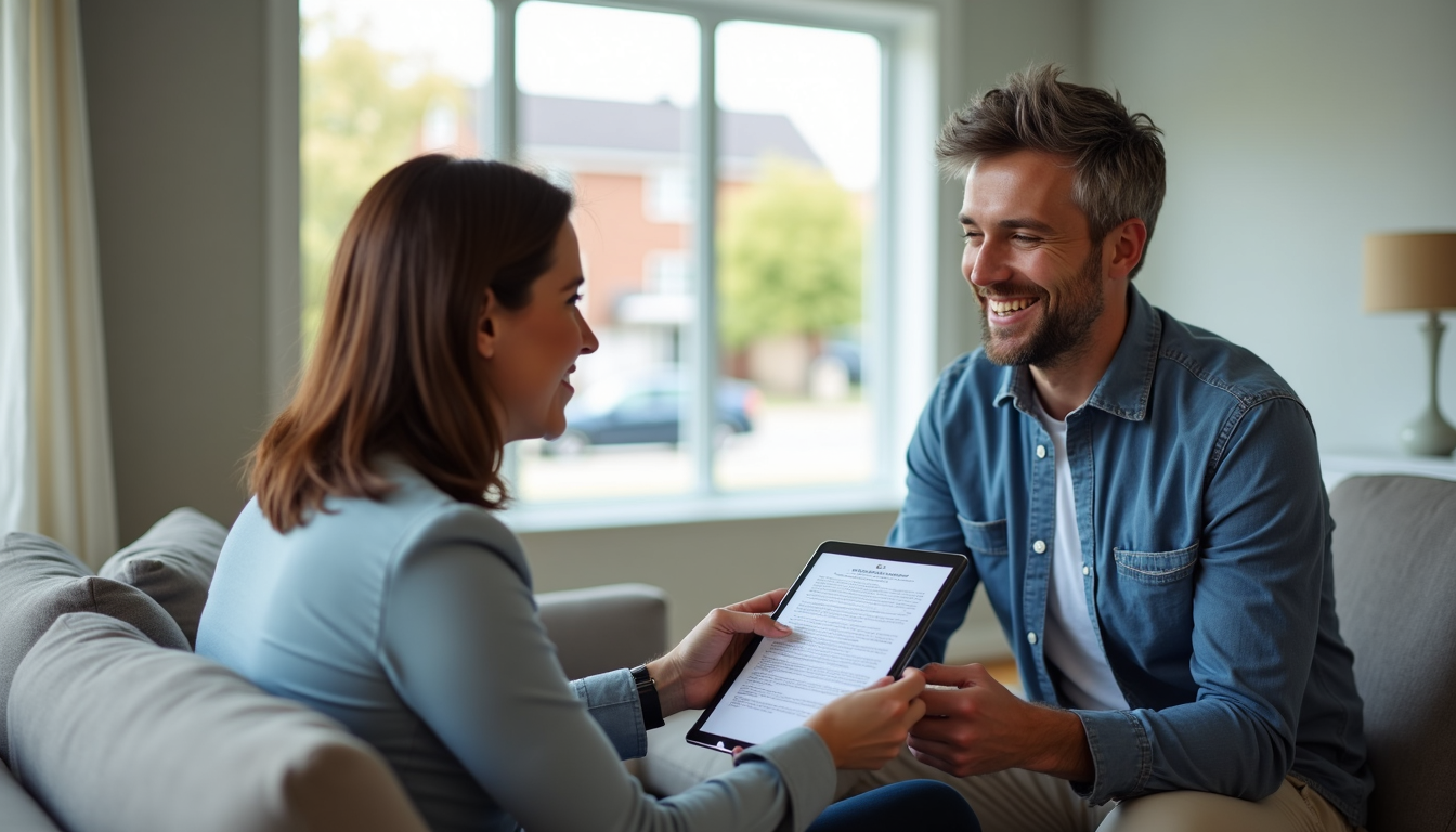 An image of a landlord and a tenant in a well-maintained apartment in Caldwell, NJ, reviewing a lease agreement on a tablet. The landlord is smiling and pointing to a section on the screen, while the tenant looks on thoughtfully. The background shows a clean, bright living space with a window view of a suburban street in Caldwell. The overall tone is professional and collaborative, emphasizing a positive landlord-tenant relationship.