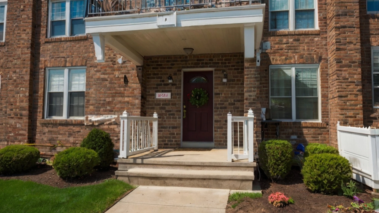 A professional-looking photo of a residential apartment building or rental property in a small town setting, ideally suburban or East Coast style. Include neutral lighting, clear weather, and no people. Reflects themes of rental housing, real estate, or landlord-tenant law in a place like Verona, New Jersey