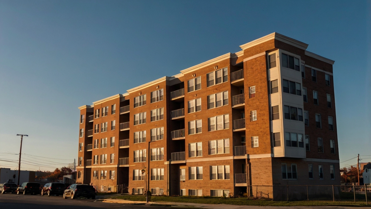 A residential apartment building in Passaic, New Jersey, during early evening light. Clean architecture, subtle urban feel, no people, clear sky. Represents rental housing and tenant environment.