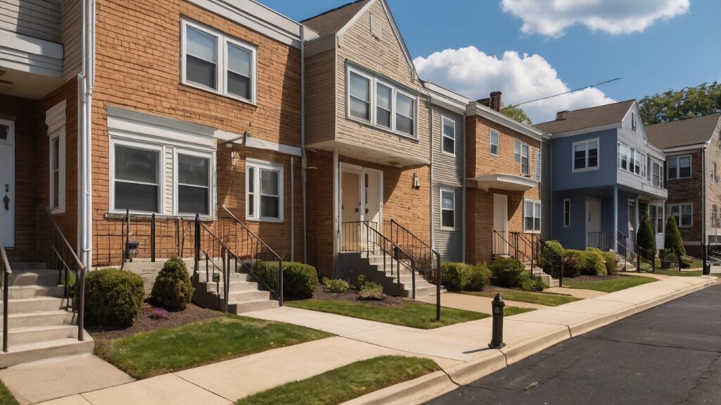 Modern multi-family apartment buildings in Garfield, NJ during daytime, showing well-kept rental properties and residential neighborhood streets, professional photography style, realistic lighting